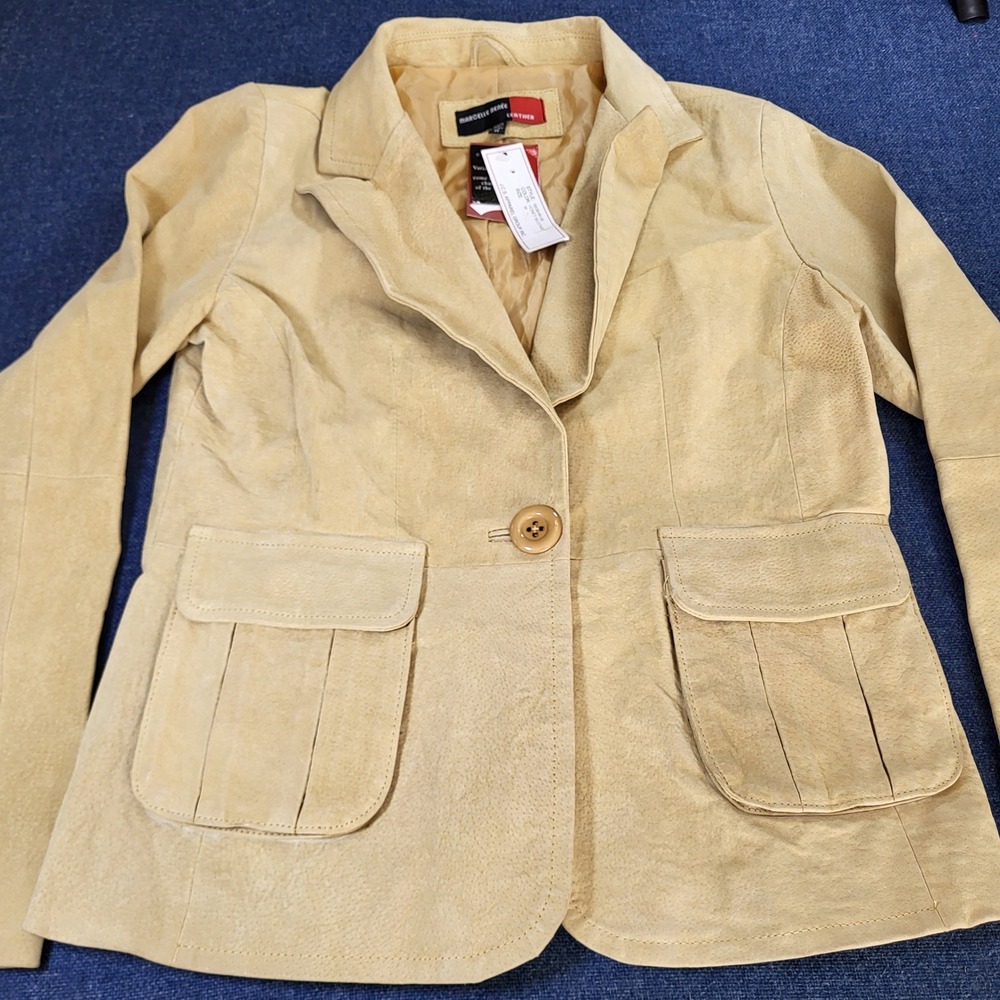 Vintage Marcelle Renee Suede Leather Blazer Honey Mustard Yellow Pleated Med